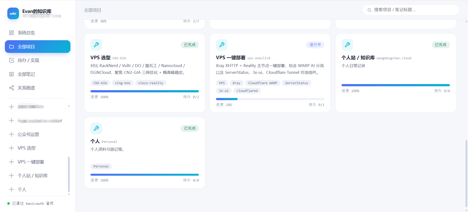个人知识库界面截图：左侧项目导航，中间项目看板